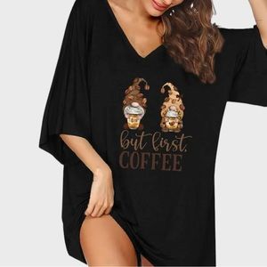 Coffee & Gnomes Graphic Half Sleeve V Neck Nightdress Size 3X